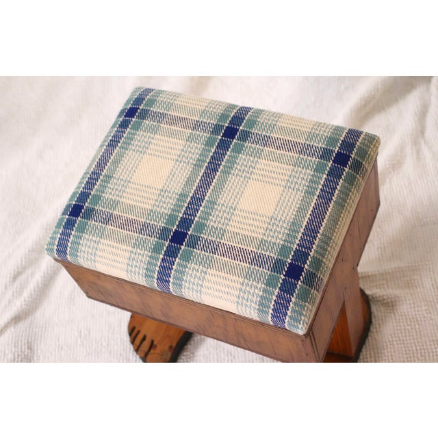 Vintage "Foot" Stool With Blue Plaid Top - Handmade Stool For Sale - Image 4 of 15