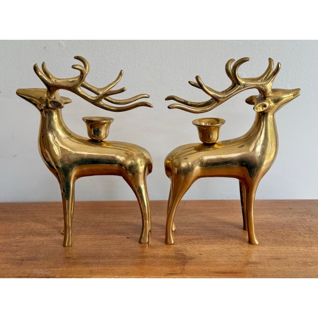 Handsome Solid Brass Reindeer Candlestick Holder Pair For Sale - Image 4 of 9