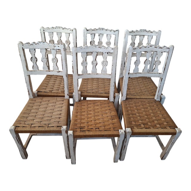 Vintage Wood Chairs with Rope Seats, 1960s, Set of 6 For Sale