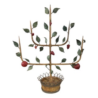 Vintage Italian Tole Espalier / Espaliered Strawberry Tree Sculpture, Vine/ Plant / Fruit Tree in Barrel Firm Pot For Sale