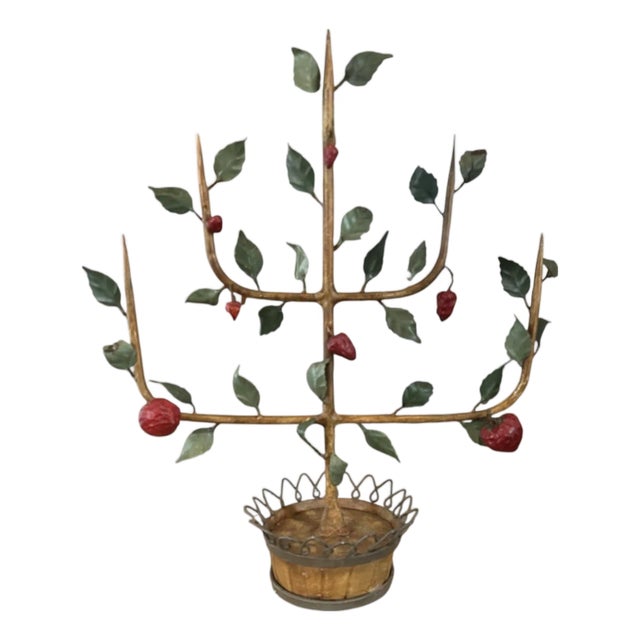 Vintage Italian Tole Espalier / Espaliered Strawberry Tree Sculpture, Vine/ Plant / Fruit Tree in Barrel Form Pot For Sale