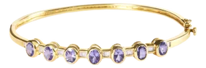 14K Yellow Gold Alternating Bezel Set 5MM Oval Shaped Tanzanite and 1/5 Cttw Diamond Bangle Bracelet - Fit's wrists up to 7.25" Inches