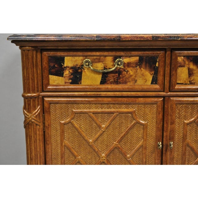 Chinese Chippendale Faux Bamboo Rattan Tortoiseshell Server Buffet Bar Cabinet For Sale - Image 4 of 9