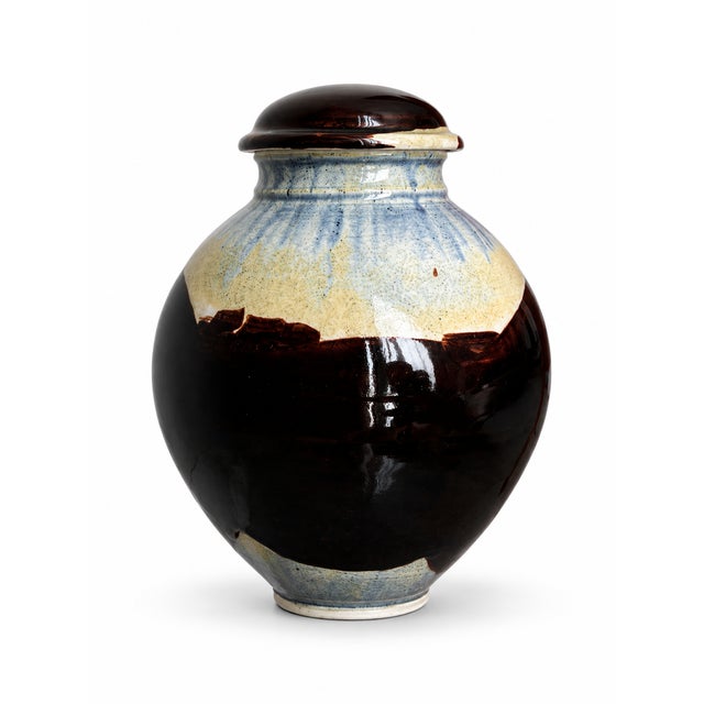 1980s 1980s Signed Studio Pottery Covered Jar With Brown, Blue & Cream Glaze For Sale - Image 5 of 9