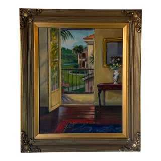 Vintage Mediterranean Villa Interior Oil Painting on Canvas – Framed For Sale