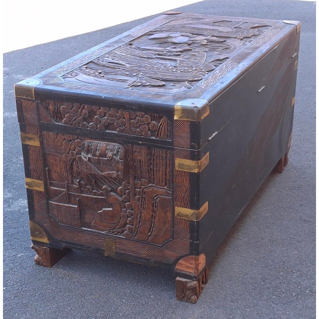 Chinese 20th Century Chinese Carved Camphorwood Coffer With Brass Accents For Sale - Image 3 of 11