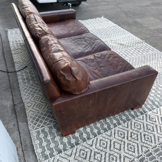 Restoration Hardware Genuine Top Grain Brown Leather Sofa For Sale - Image 15 of 18