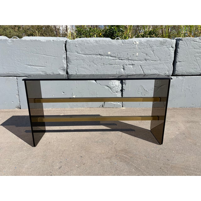 Mid-Century Modern 1970s Mid Century Modern Dark Glass and Brass Console Table, Sofa Table For Sale - Image 3 of 16