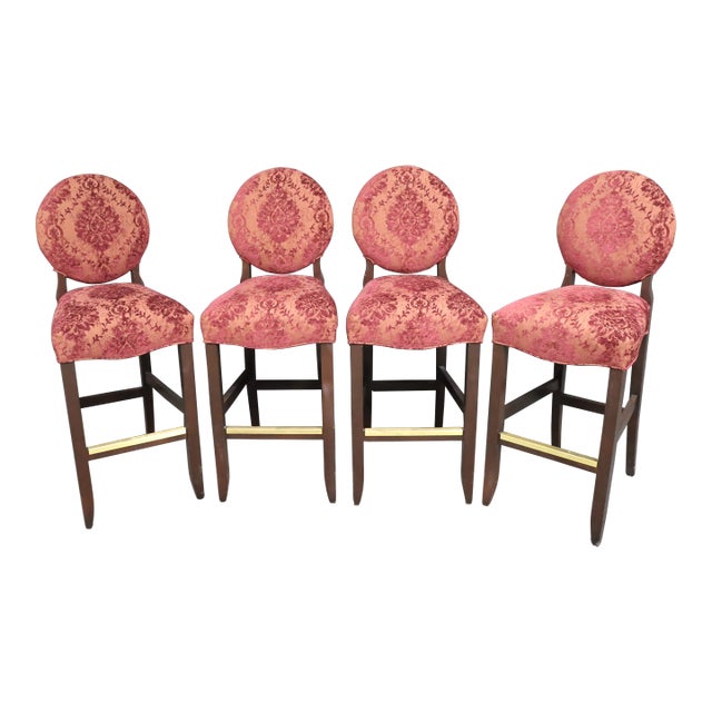 Roundback Damask Upholstered Barstools/4 For Sale