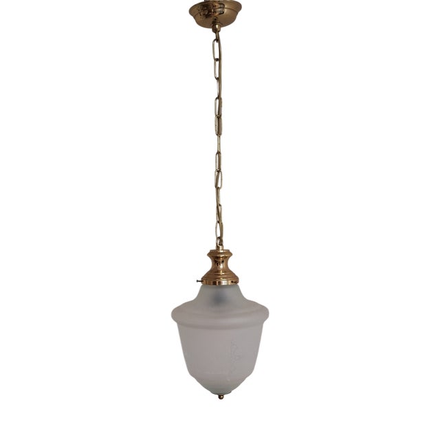 Vintage Brass Ceiling Lamp with Drop-Shaped Patterned Frosted Glass Shade, 1980s For Sale