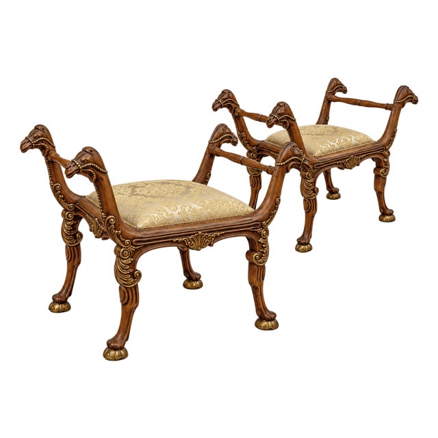 Regency Style Italian Carved Fruitwood & Gilt Camel Form Ottomans / Benches - Pair For Sale