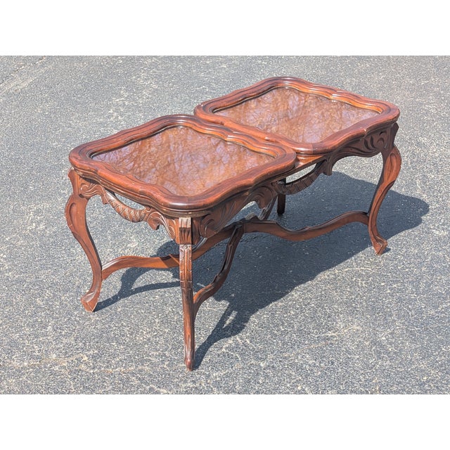 Rare Vintage French Style Carved Parlor Table With Glass Tray Top For Sale - Image 10 of 12