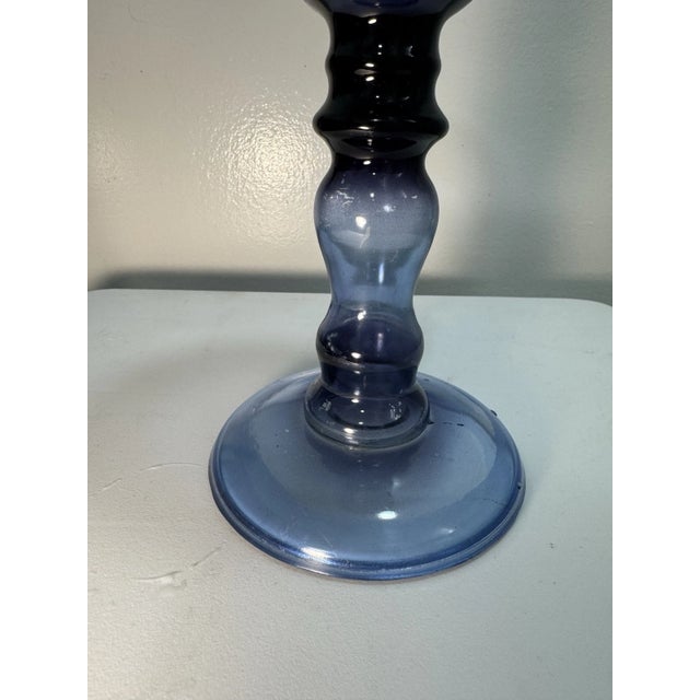Vintage Blue Glass Pedestal Candle Holder | MCM Art Glass Compote Decor For Sale - Image 9 of 13