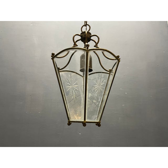 Vintage Brass Etched Glass Latern Pendant Light, 1950s For Sale - Image 6 of 9