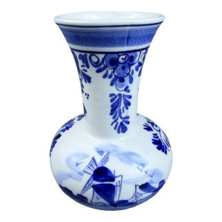 Vintage Hand-Painted Delft Blue Bud Vase, Windmill Motif, Pattern 528 For Sale