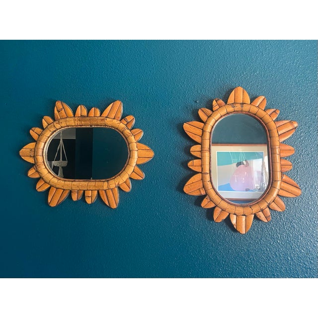 Boho Chic 2 Boho Vintage Rattan Starburst Wall Mirrors For Sale - Image 3 of 9