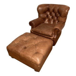 Ralph Lauren Tufted Leather Writer Chair and Ottoman For Sale