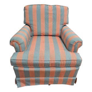 Vintage Lee Industries Swivel Armchair Rocker Striped Rolled Arm Chair MCM Blue For Sale