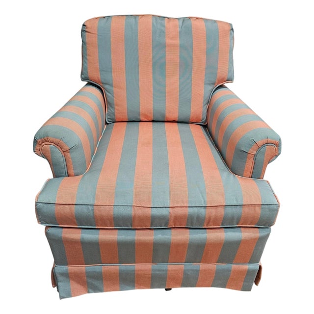 Vintage Lee Industries Swivel Armchair Rocker Striped Rolled Arm Chair MCM Blue For Sale