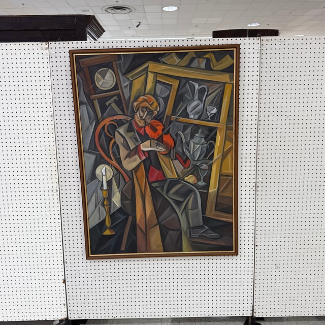 Black Large Vintage Cubist Expressionist Oil Painting Signed For Sale - Image 8 of 10