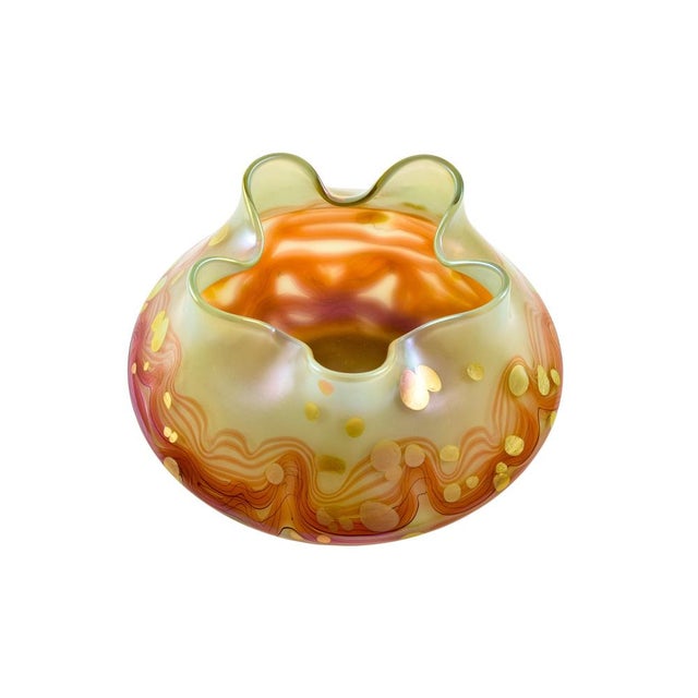 Austrian Jugendstil floral glass bowl Johann Loetz Witwe red gold circa 1902 "Cytisus Maigruen" decoration The "Cytisus"...