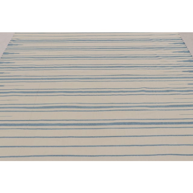 Rug & Kilim Rug & Kilim’s Indian Dhurrie Rug in Ivory and Blue Stripes For Sale - Image 4 of 10