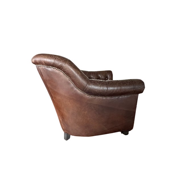 Brown Restoration Hardware Distressed Leather Club Chair – Tufted English Library Lounge Chair With Rolled Arms & Brass Casters For Sale - Image 8 of 17