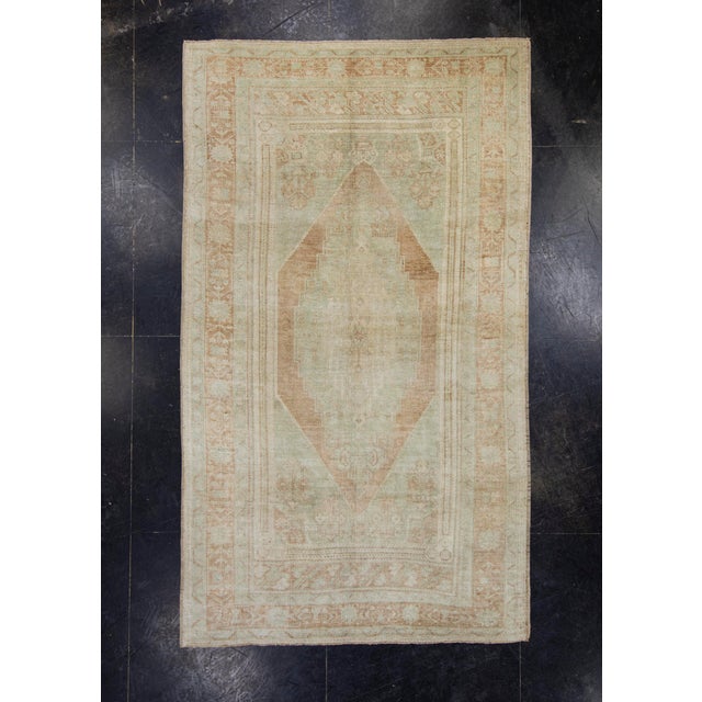 Turkish Vintage Rug Faded Mint & Soft Terracotta Handwoven Wool Rug 5'5" X 9'4" For Sale - Image 10 of 10