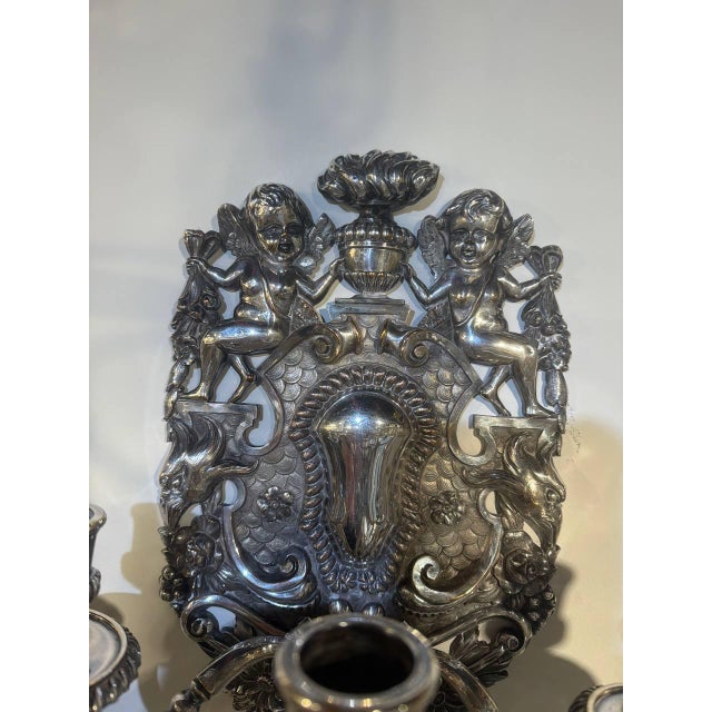 1900 Caldwell Silver Plated Sconces With Cherubs 3 Lights - a Pair For Sale - Image 10 of 12