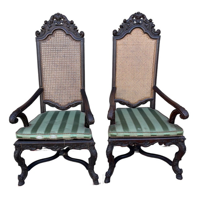 Antique Pair of Flemish Heavily Carved Ebonized Armchairs, Circa Mid-19th Century For Sale