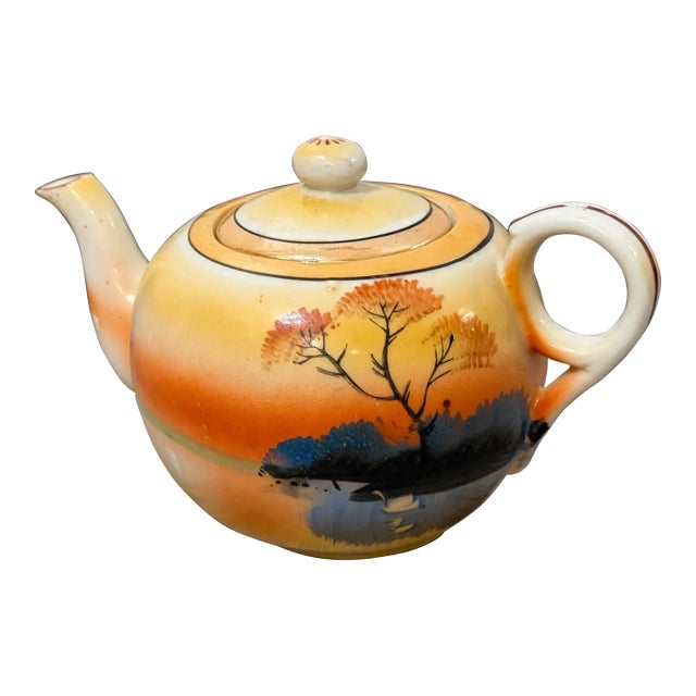 1950s Hand‑Painted Trico Japanese Landscape Teapot For Sale