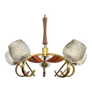 1960s Japanese Wood and Brass 5-Light Tulip Chandelier With Original Textured-Glass Shades For Sale