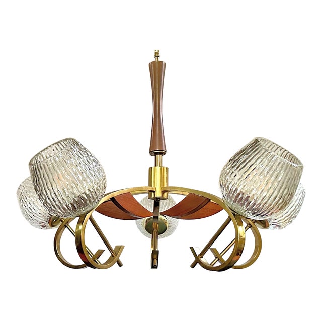 1960s Japanese Wood and Brass 5-Light Tulip Chandelier With Original Textured-Glass Shades For Sale