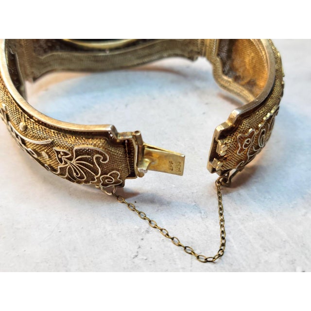 Metal Vintage Chinese Export Filigree Gilded Silver Bracelet With Bloodstone Cabochon For Sale - Image 7 of 10