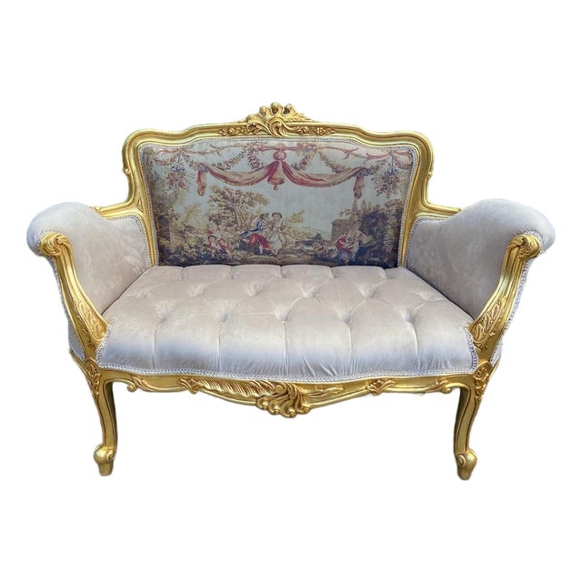 Late 20th French Louis XVI Gold and Velvet Settee For Sale