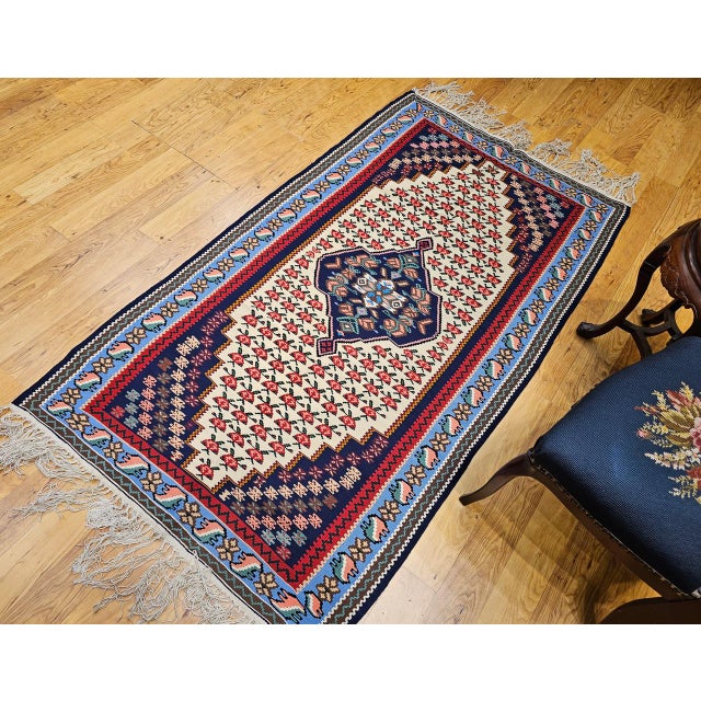 Persian Vintage Persian Senneh Kilim Area Rug, Handwoven Wool, Floral Pattern, Ivory & Blue, 3x6 For Sale - Image 3 of 15
