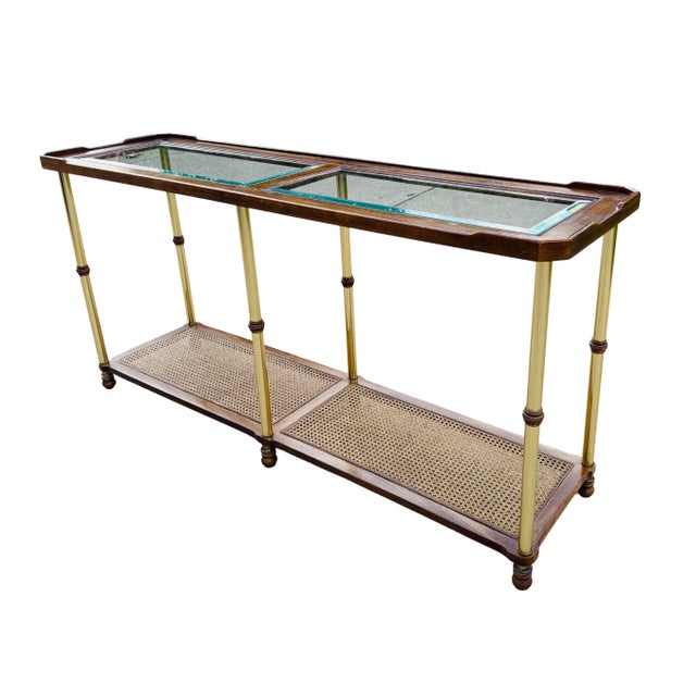 Vintage Hollywood Regency Faux Bamboo Brass Console Table with Woven Cane Shelf & Double Glass Top | Chinoiserie Campaign...