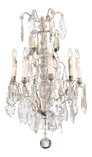19th Century French Six-Light Crystal Chandelier with Silvered Armature
