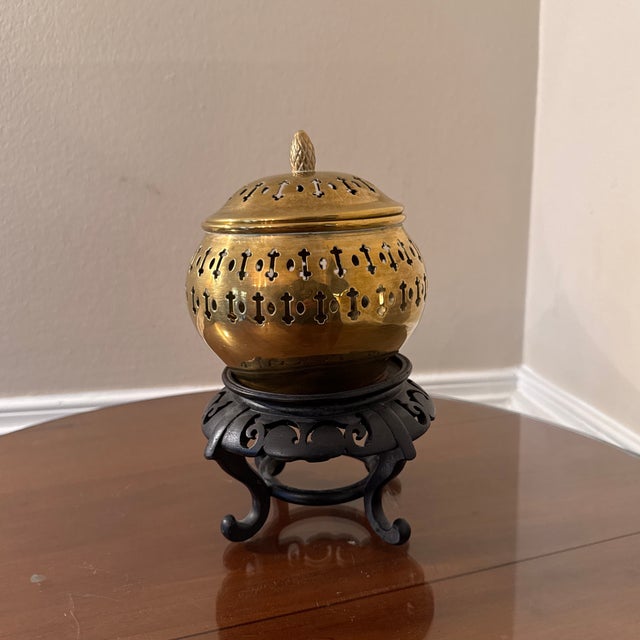 Brass Vintage Oriental Brass Jar With Stand For Sale - Image 8 of 8