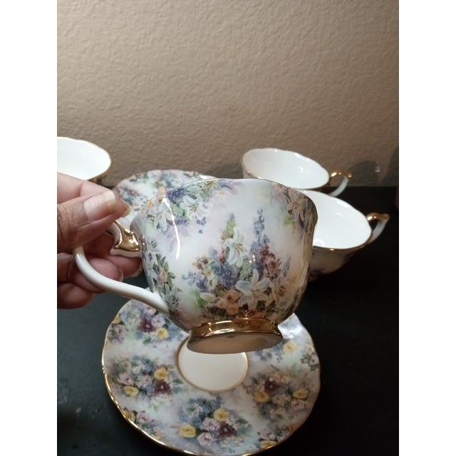 Vintage Bradford Editions Glorious Chintz Pattern Teacup & Saucer Set- 8 Pieces For Sale - Image 4 of 7