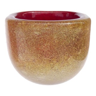 Vintage Seguso Vetri d'Arte Murano Flavio Poli 1939 Red Pulegoso Gold Flecks Italian Art Deco Glass Dish Bowl For Sale