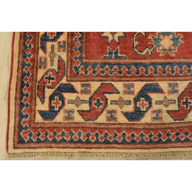 Kazak Rug 4′ X 5’4” Red Wool Tribal Hand-Knotted Oriental Carpet For Sale - Image 9 of 12