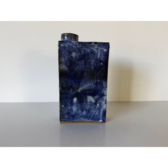 1989 Vintage Blue Glazed Geometric Bottle-Shaped Studio Pottery Vase, Signed For Sale - Image 9 of 12