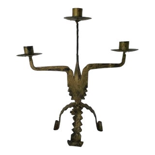 Mid 20th Century Brutalist 3-Arm Metal Candelabra – Hand Forged Iron Modernist Candle Holder For Sale