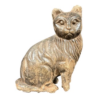 Late 20th Century Folk Art Carved Wooden Cat Sculpture For Sale