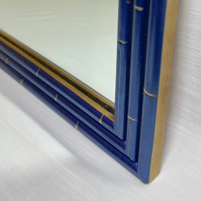 Glass Chic Vintage Palm Beach Regency Medium Faux Bamboo Wall Mirror Newly Painted Blue With Hand Gilt Accents For Sale - Image 7 of 12