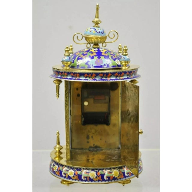 Vintage Chinese Cloisonne Brass Figural Porcelain Enamel Mantel Clock For Sale - Image 9 of 12