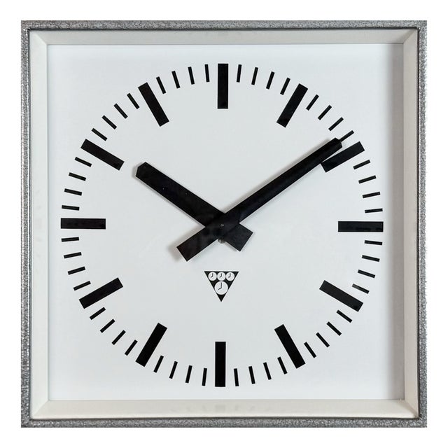 Industrial Grey Square Wall Clock from Pragotron, 1980s For Sale