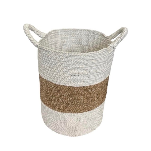 Coastal Vintage Coastal Two-Tone Woven Seagrass & Rope Storage Basket With Handles For Sale - Image 3 of 12