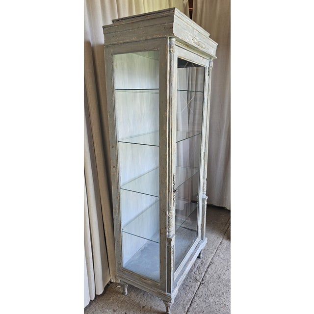 Boho Chic 1930s Vitrine Cabinet, French Bluish Display Cabinet/ Case, Cracked / Peeling Finish For Sale - Image 3 of 18